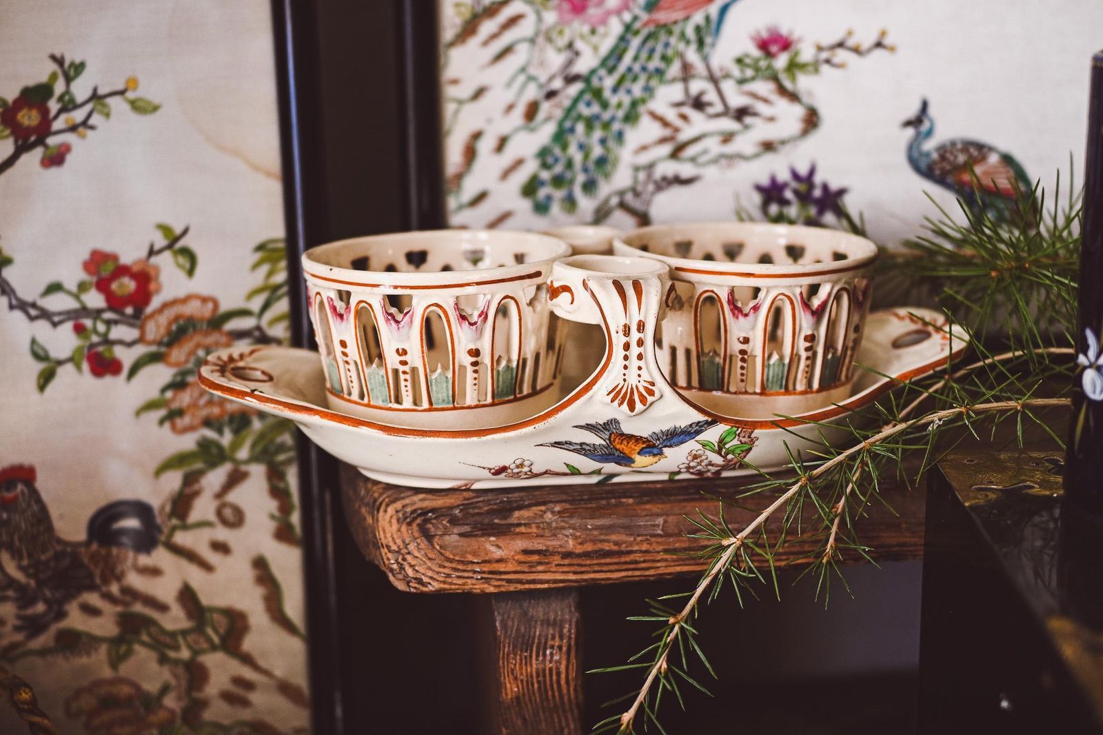 Antique Luneville French Faience Condiment Set | Hand Painted Bird Floral Design | Reticulated Cups Tray | K&G Luneville France