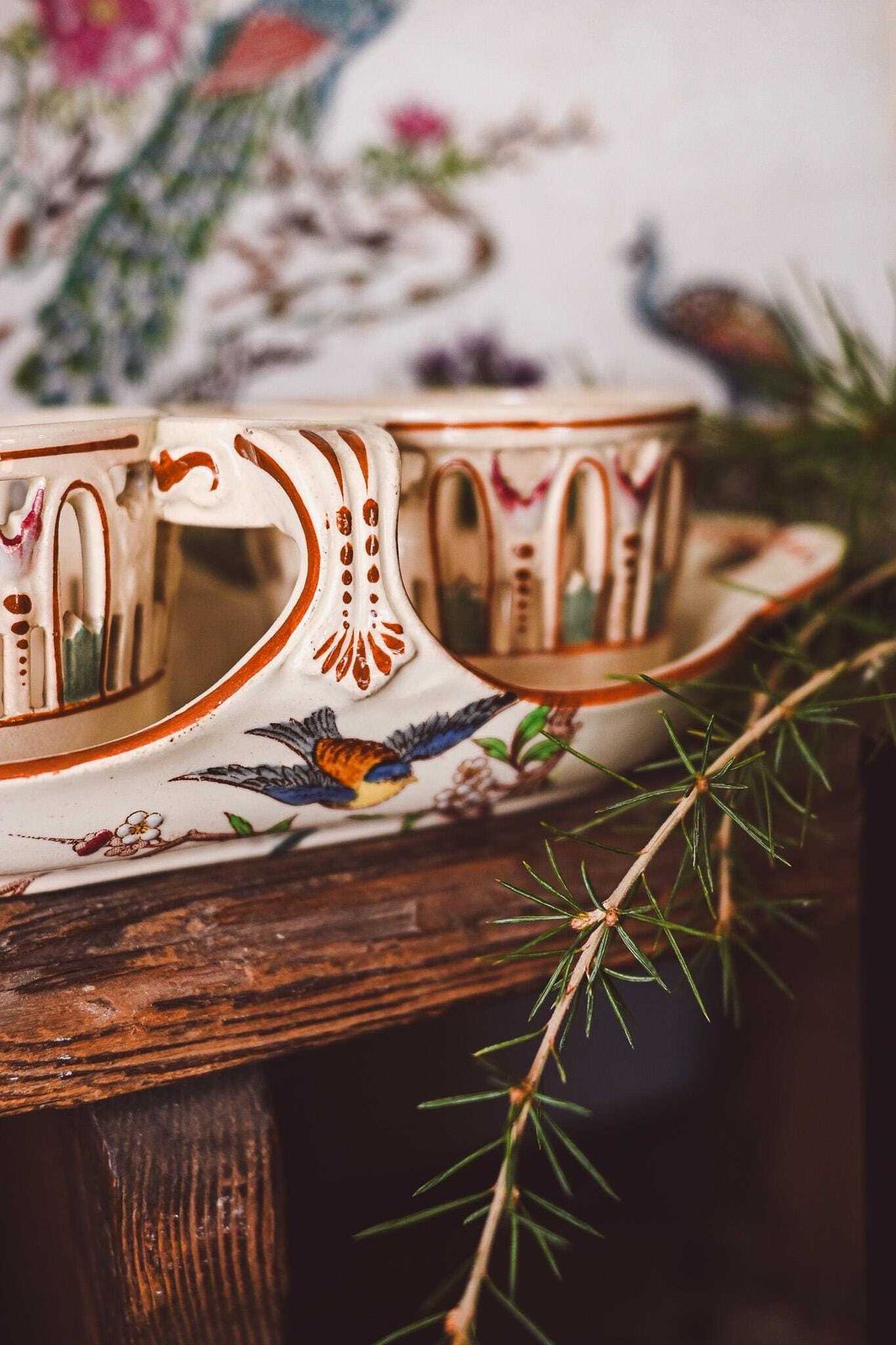 Antique Luneville French Faience Condiment Set | Hand Painted Bird Floral Design | Reticulated Cups Tray | K&G Luneville France photo furniture