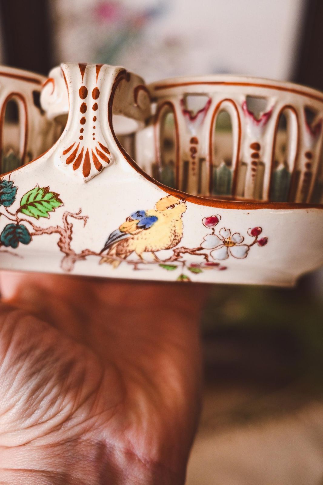 Antique Luneville French Faience Condiment Set | Hand Painted Bird Floral Design | Reticulated Cups Tray | K&G Luneville France photo vintage