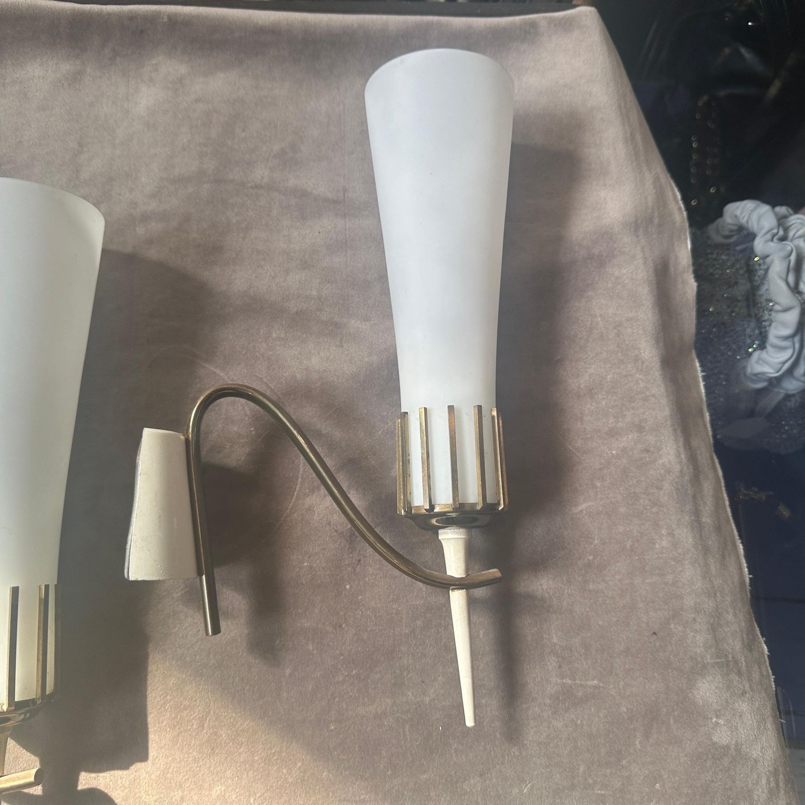 Two 1950s Stilnovo Style Mid Century Modern Brass And Glass Italian Wall Sconces photo for sale