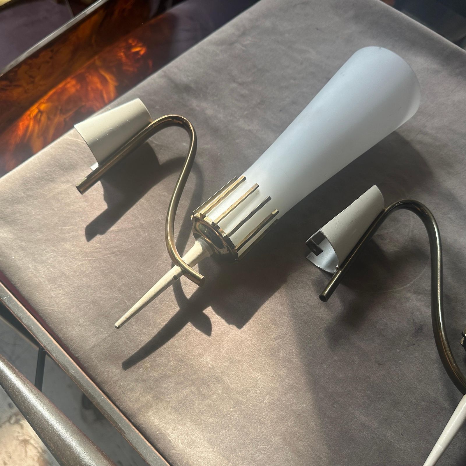 photo for sale Two 1950s Stilnovo Style Mid Century Modern Brass And Glass Italian Wall Sconces