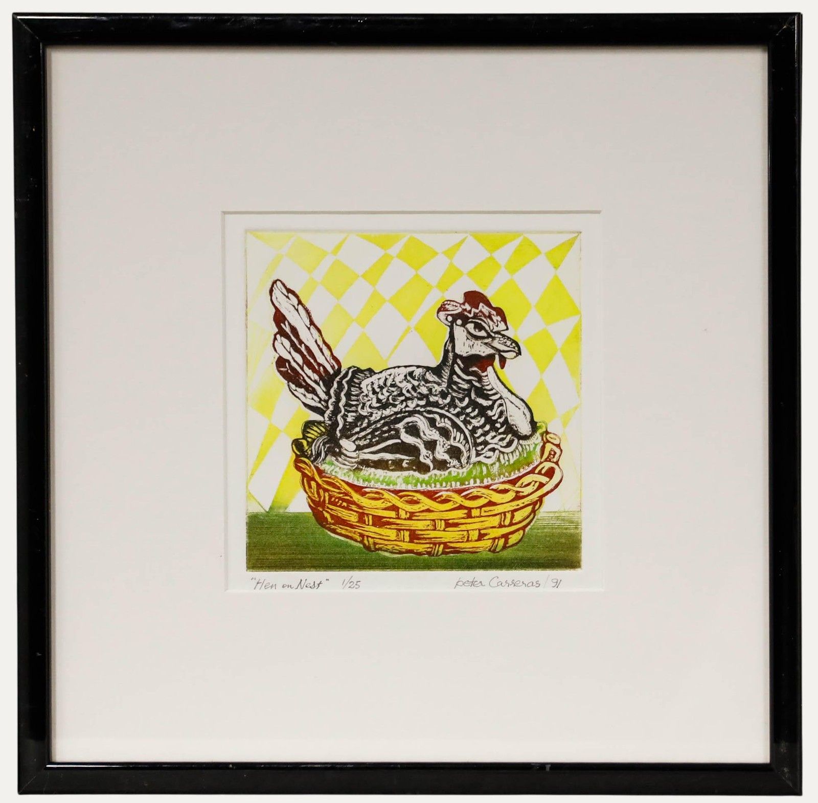Peter Carreras (B.1921) Framed 1991 Etching, Hen On Nest