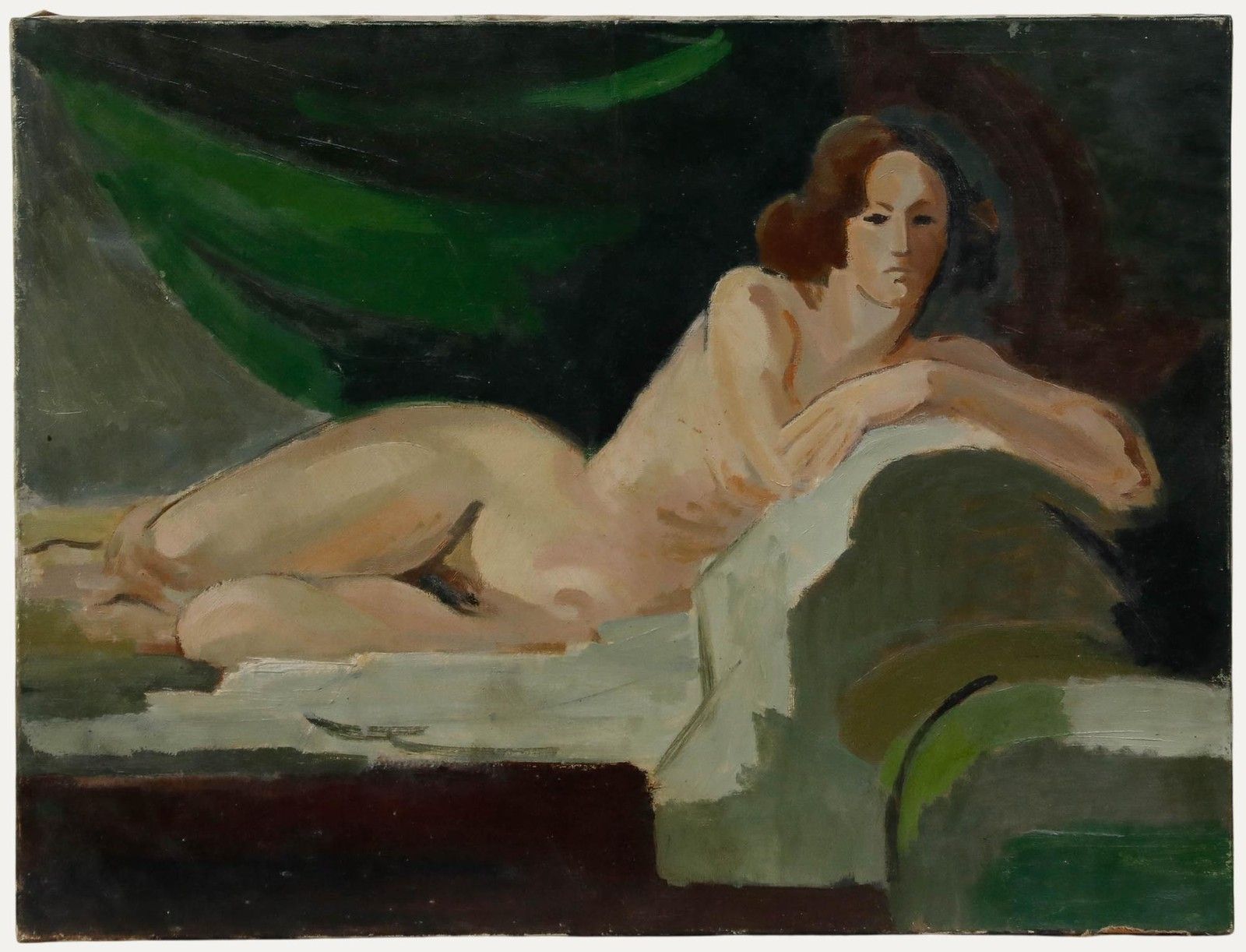 Robert Simon (1888 1961) Mid 20th Century Oil, Nude With Green Drape