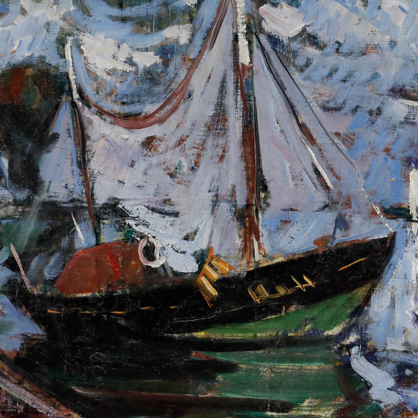 French School Mid 20th Century Oil The Green Fishing Boat photo Art