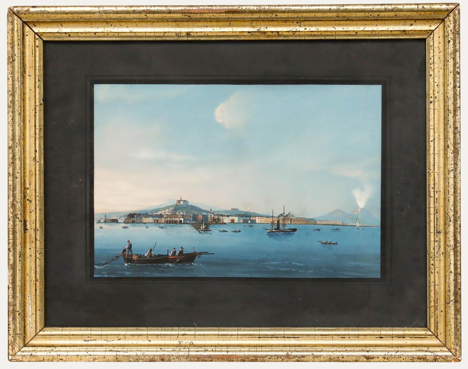 Neapolitan School 19th Century Gouache View Of Naples And Mount Vesuvius