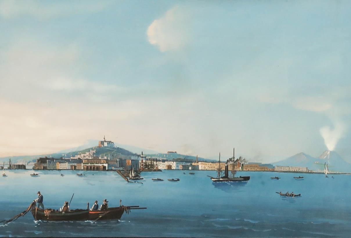 Neapolitan School 19th Century Gouache View Of Naples And Mount Vesuvius photo furniture