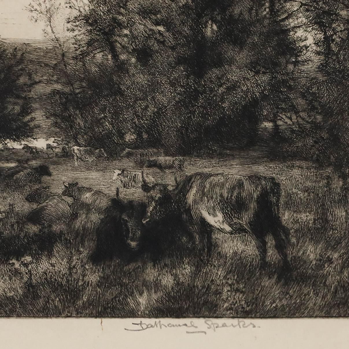 Nathaniel Sparks Re (1880 1956) Early 20th Century Etching, Cows By The River photo Art