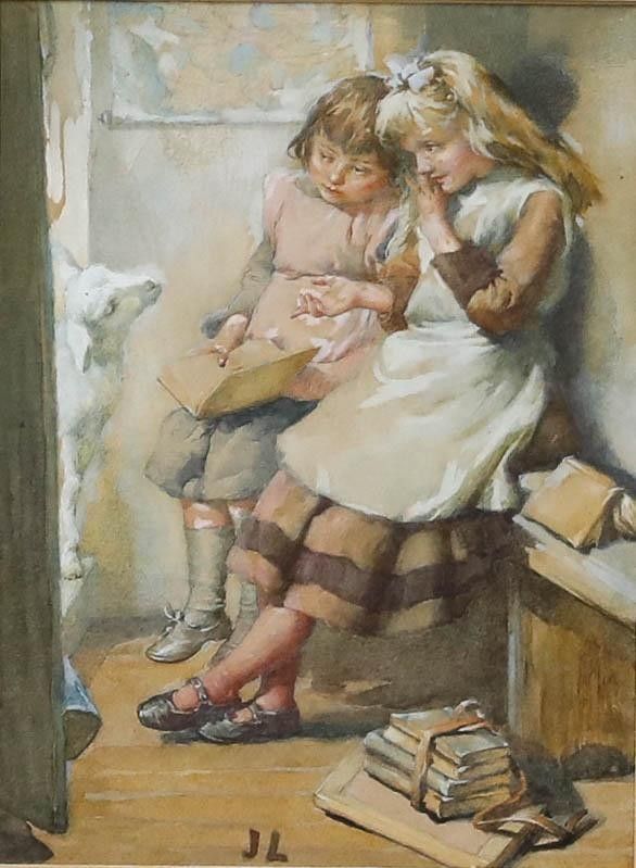 J. Lawson Framed Early 20th Century Watercolour, Mary Had A Little Lamb photo furniture