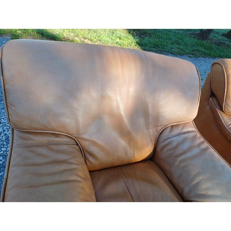 photo for sale Pair Of Vintage Armchairs In Light Brown Faux Leather