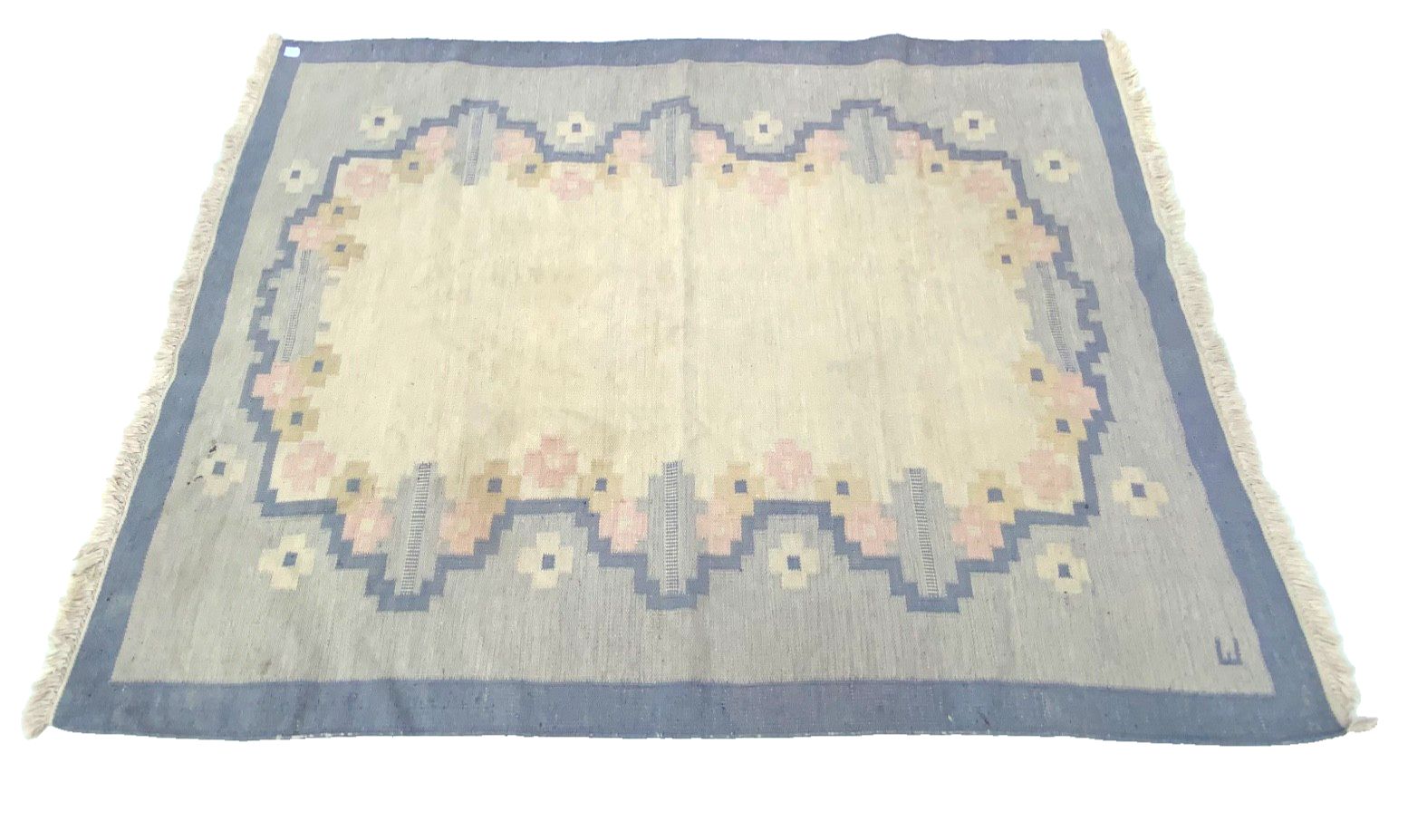 Mid Century Swedish Kilim Röllakan Rug In Pale Grey, Signed By “E” 1960s photo for sale