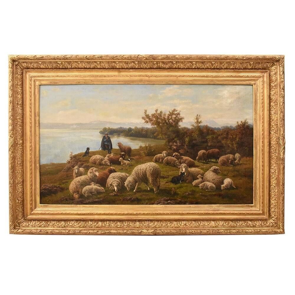 Antique Nature Oil Painting, Landscape With Flock And Shepherd, 19th Century