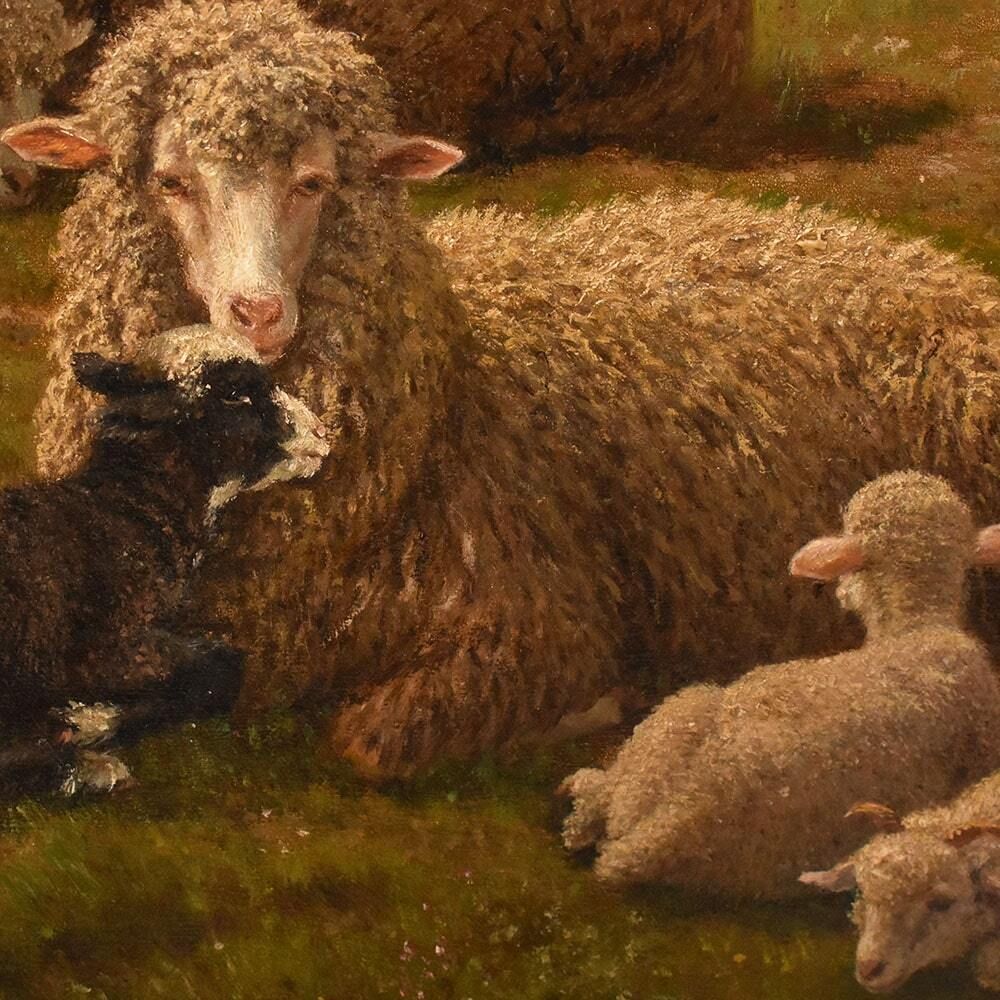 Antique Nature Oil Painting, Landscape With Flock And Shepherd, 19th Century photo vintage