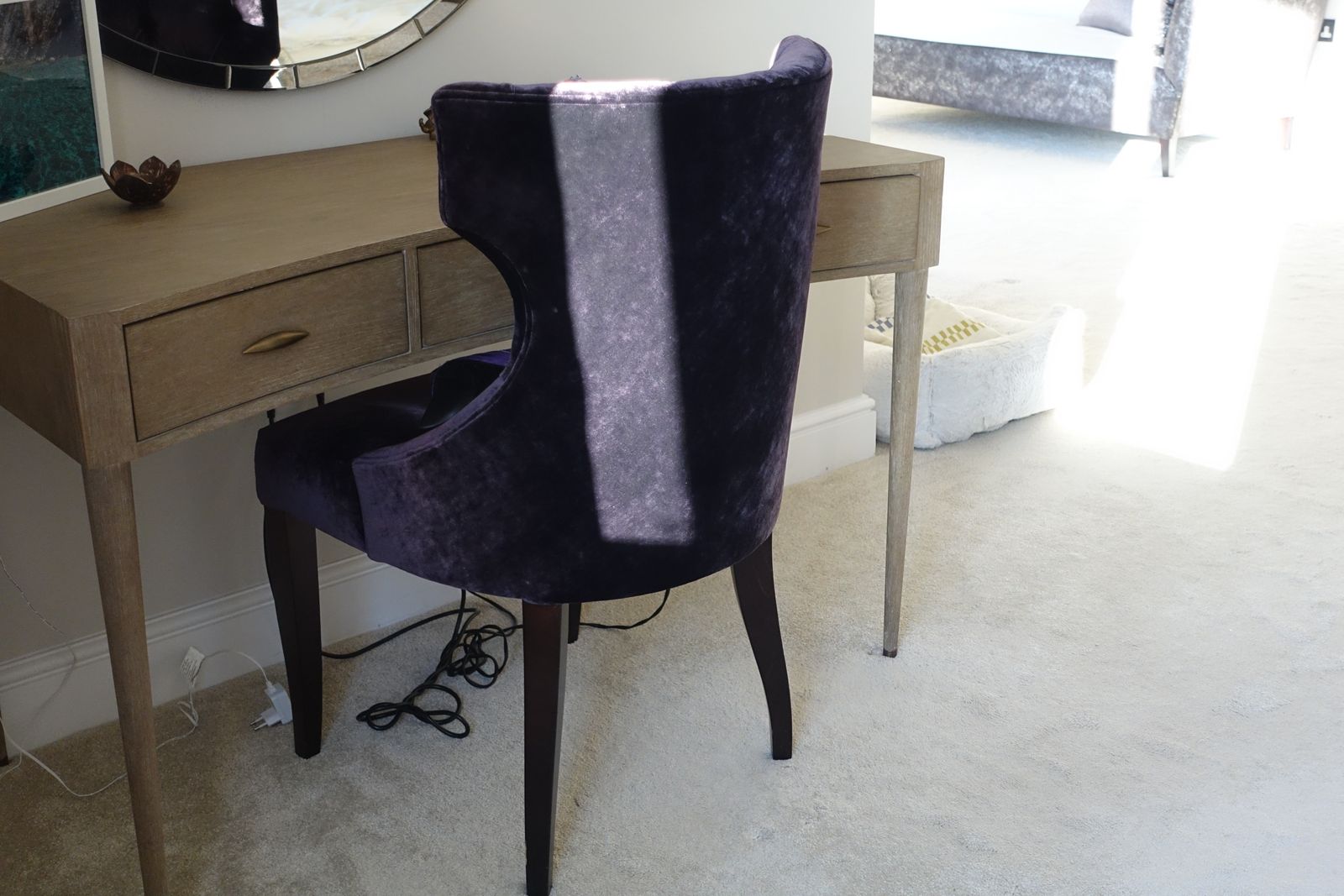 Luxury Upholstered Dark Purple Accent Chair, Solid Deep Brown Wooden Legs photo vintage