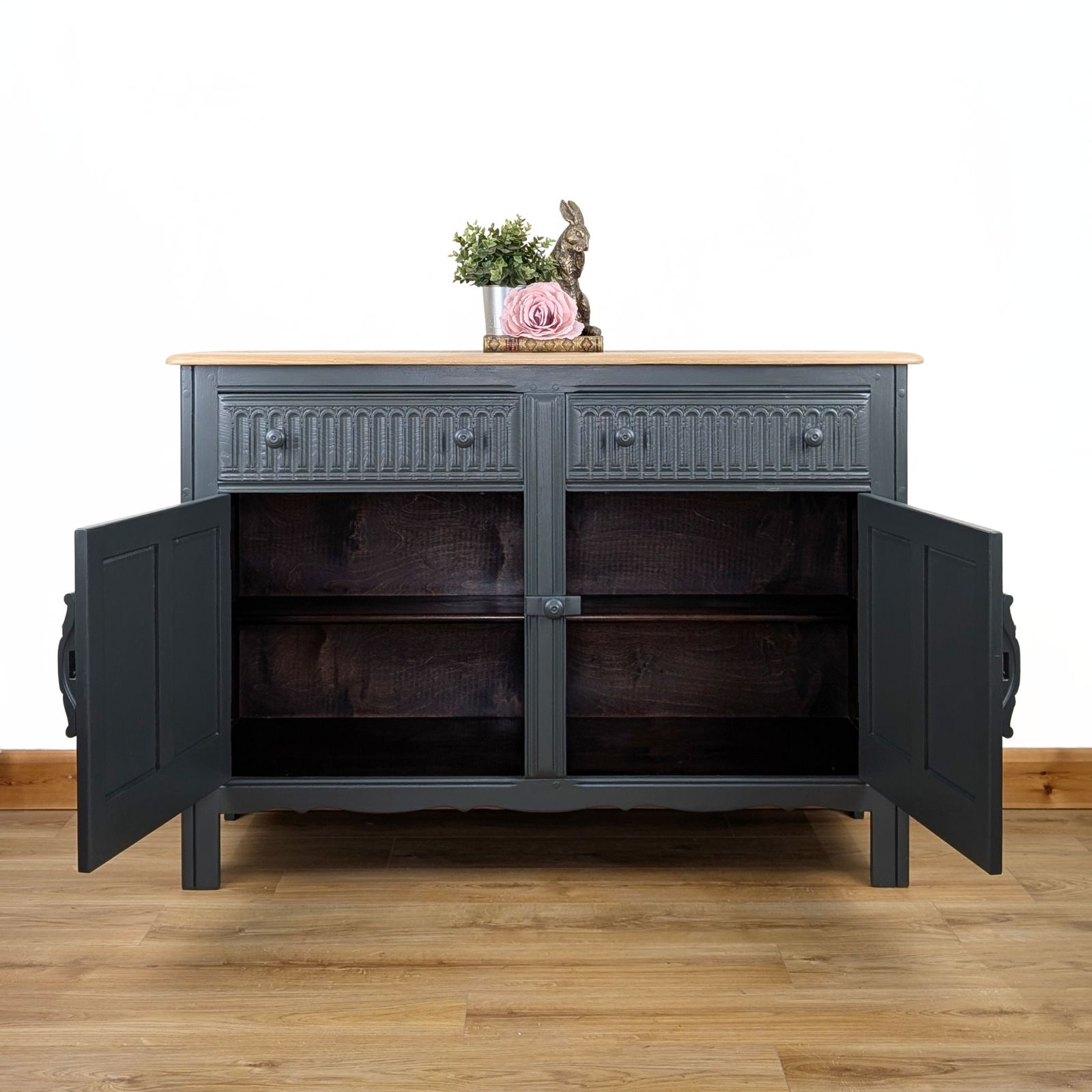 Ercol Sideboard, Old Colonial Range, Painted Neutral Dark Green, Retro Stencilled Wood Top photo for sale