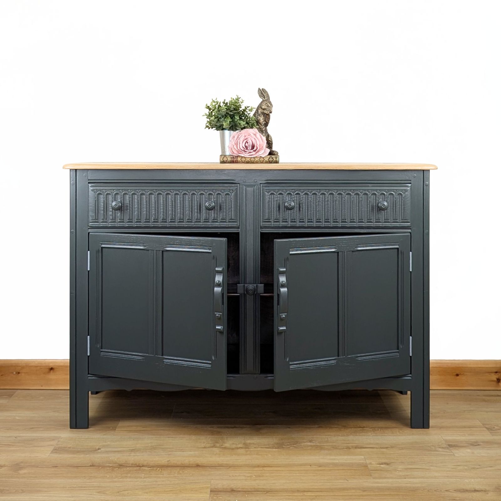 Ercol Sideboard, Old Colonial Range, Painted Neutral Dark Green, Retro Stencilled Wood Top photo Furniture