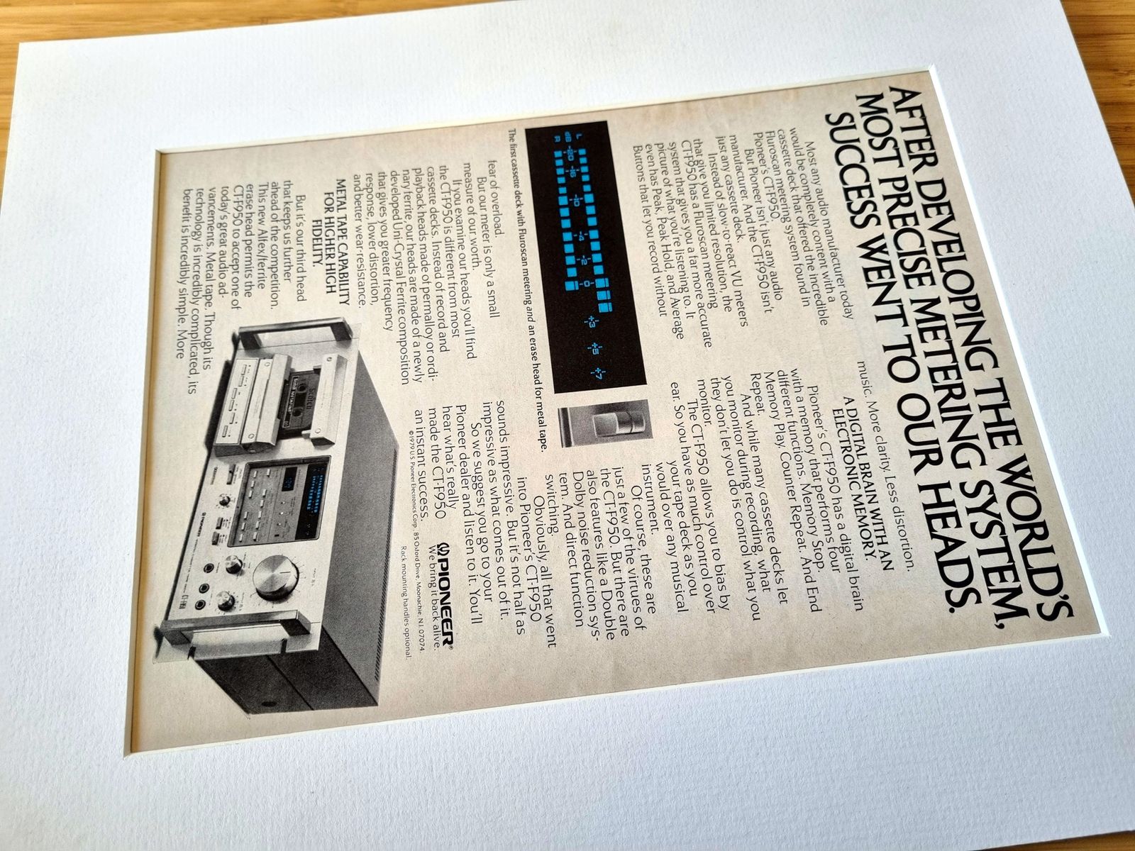 Pioneer Cassette Deck Print, Hi Fi Audio Wall Art, 1970s Stereo Magazine Advertisement Mounted photo furniture
