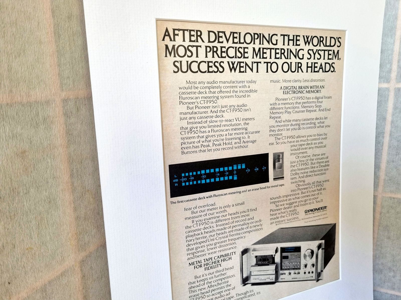 Pioneer Cassette Deck Print, Hi Fi Audio Wall Art, 1970s Stereo Magazine Advertisement Mounted photo for sale