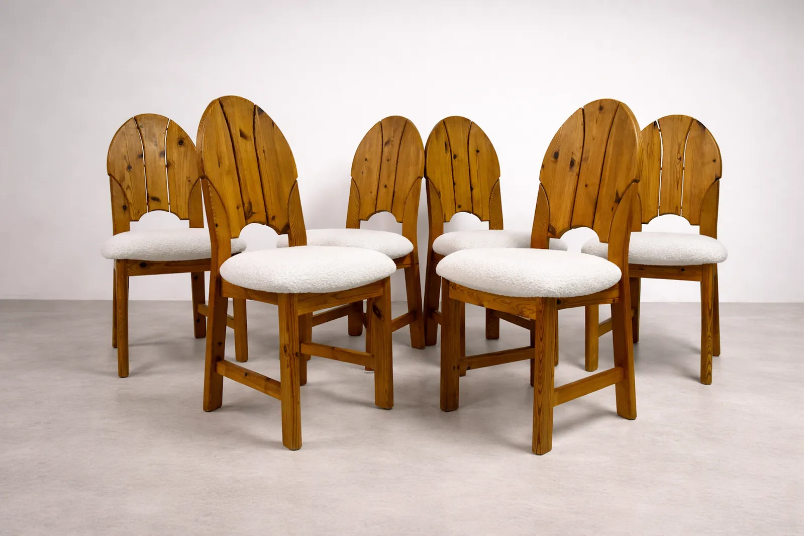 Set Of Six Pine And Boucle Scandianavian Dining Chairs