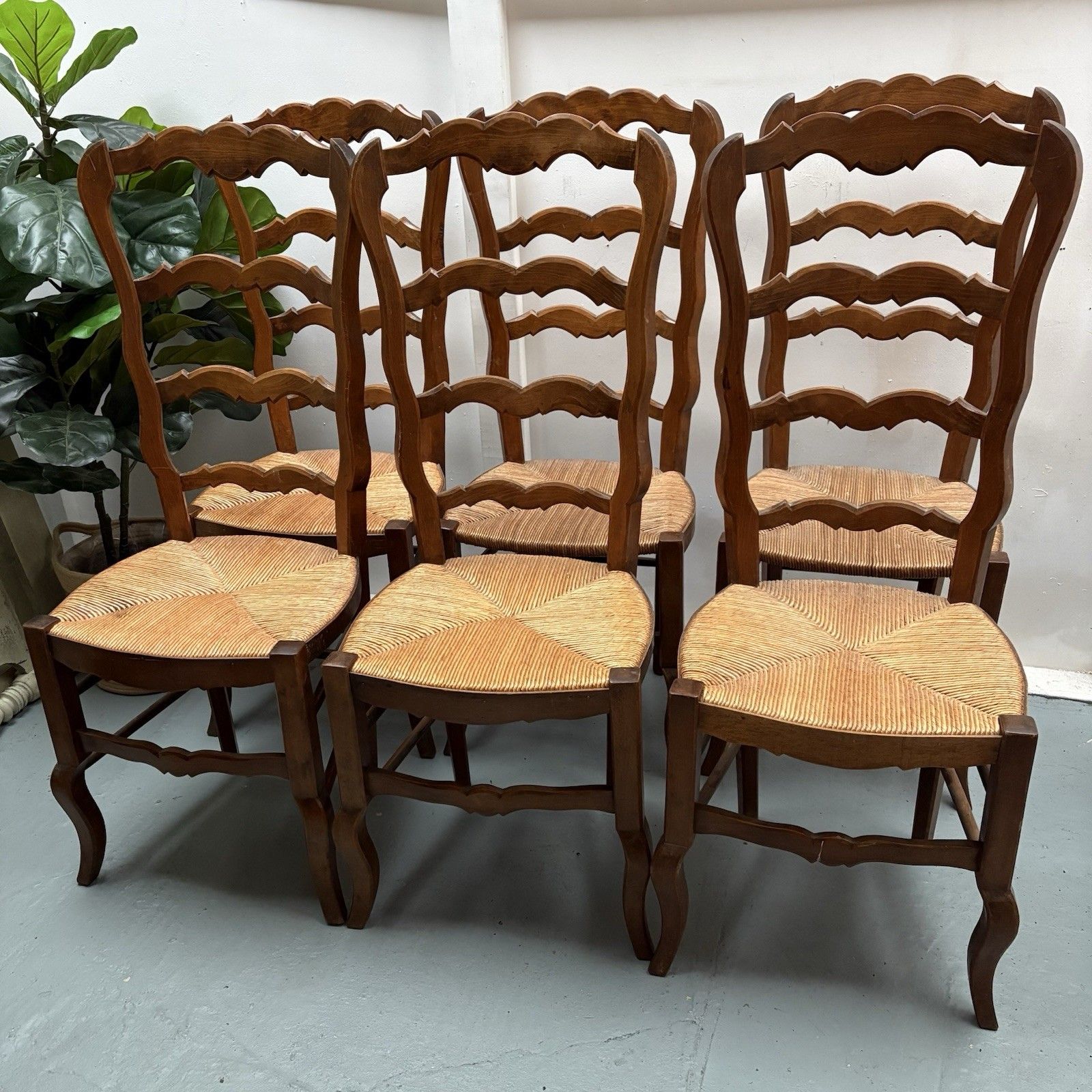photo buy 6 Vintage French Farmhouse Country Very High Ladderback Rush Seat Dining Chairs
