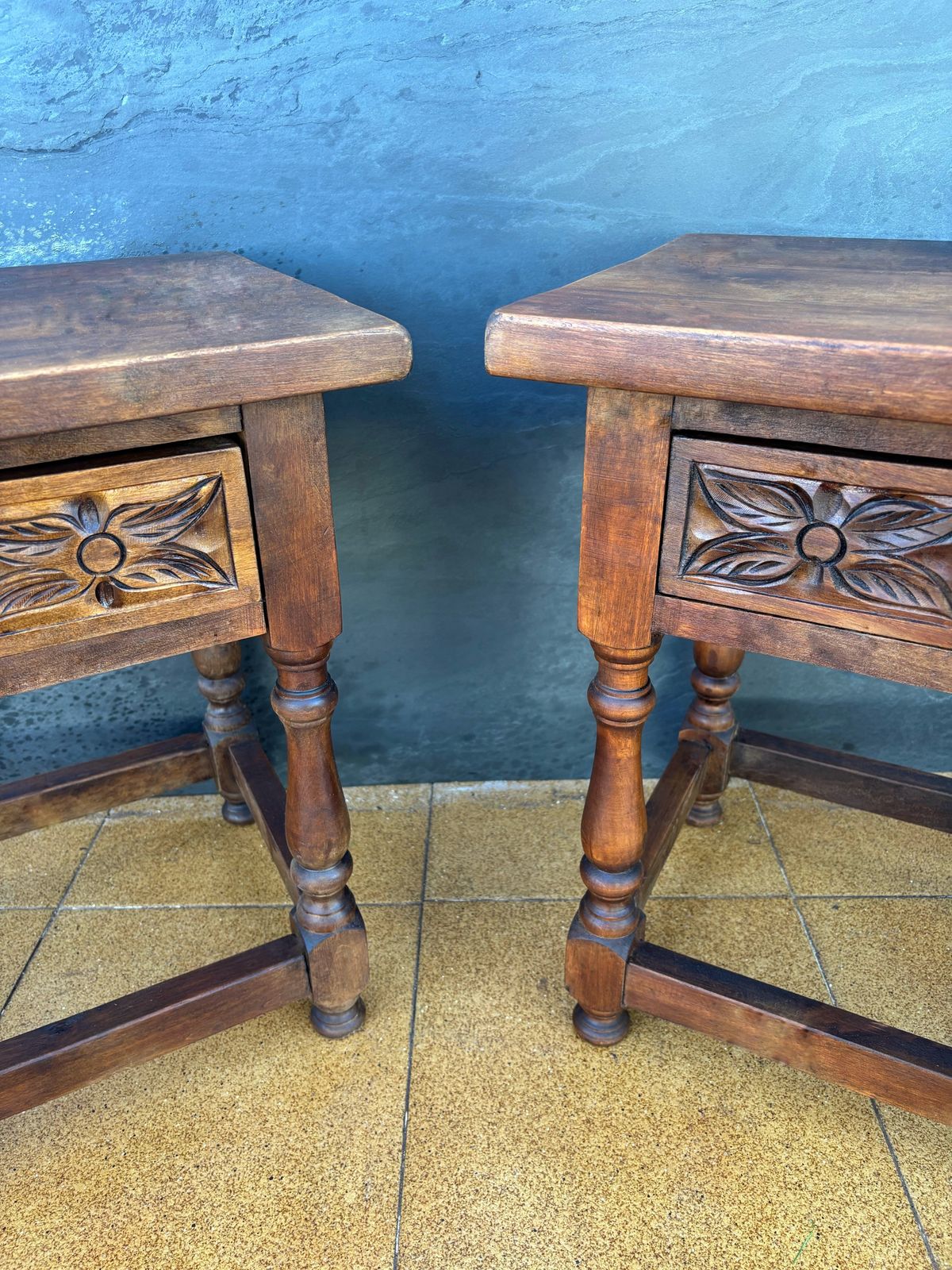 Pair Of Spanish Rustic Oak Bedside Tables With Carved Drawers, Mid 20th Century photo 1980.0