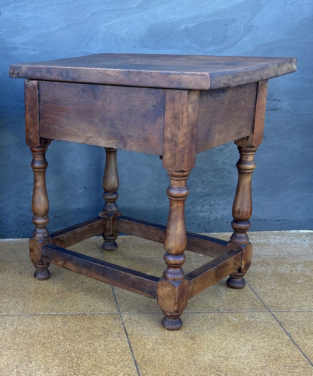 Pair Of Spanish Rustic Oak Bedside Tables With Carved Drawers, Mid 20th Century photo vintage