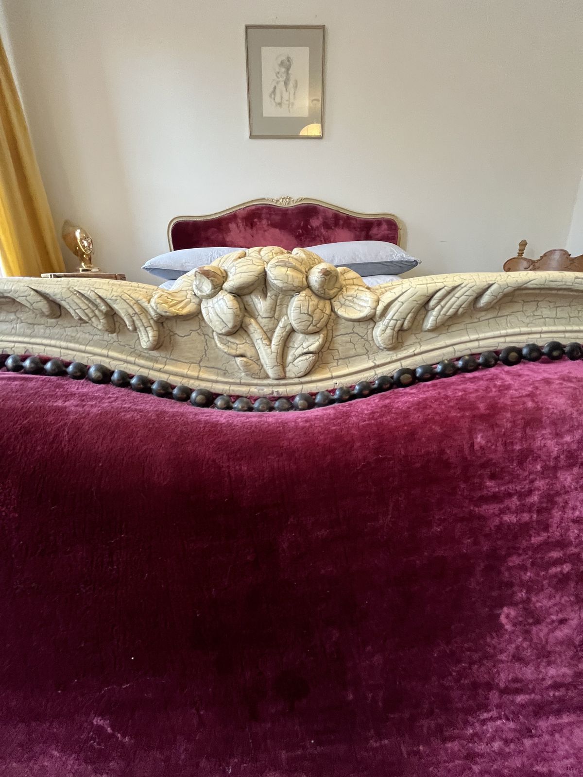 Stunning Antique French Louis XV Demi Corbeille Double Bed With Bespoke Red Ticking Base Included photo furniture