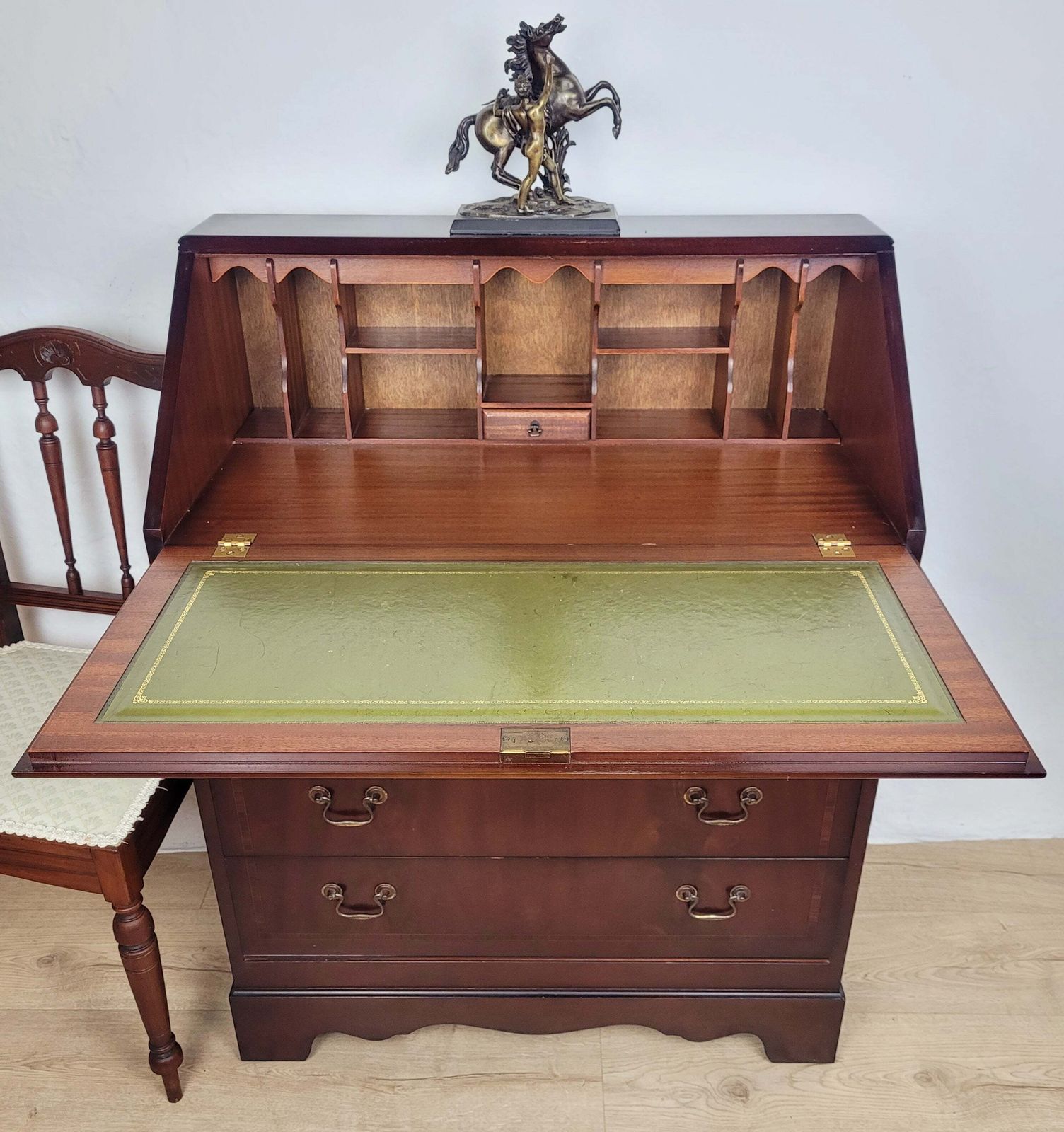 Writing Bureau Desk 20th C Green Leather Top Drop Handles photo furniture