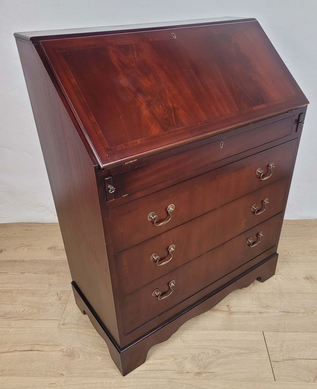 Writing Bureau Desk 20th C Green Leather Top Drop Handles photo 405.0