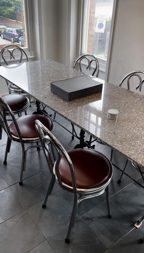 Antique French Marble Top Cast Iron Dining Table And 8 Chairs photo for sale