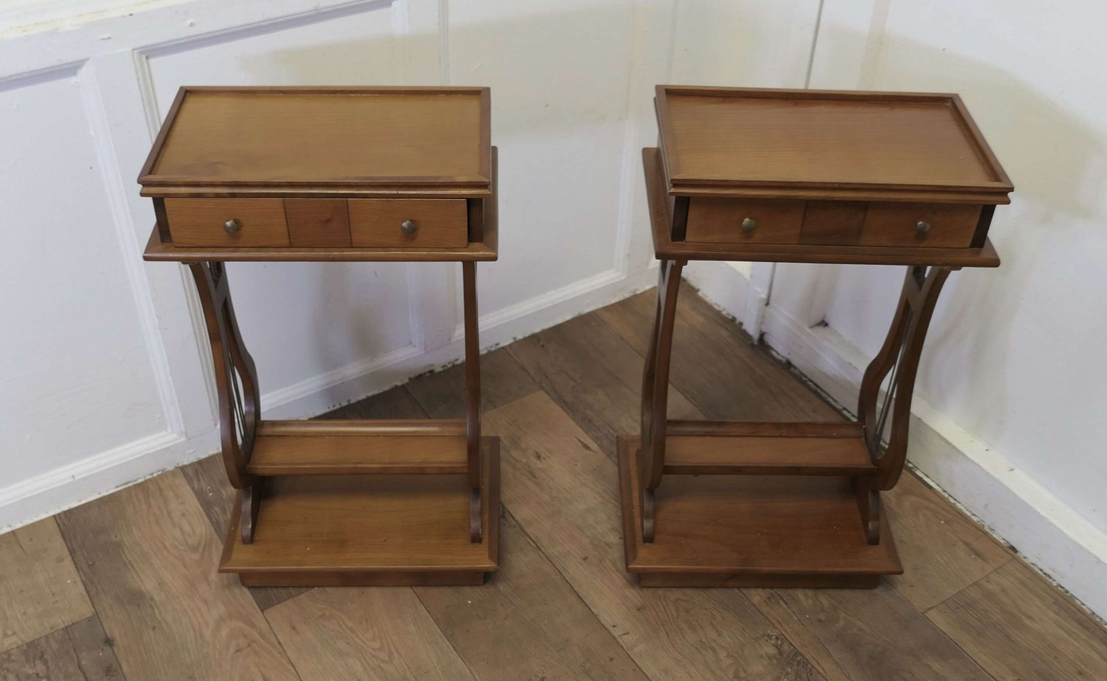 A Beautiful Pair Of French Lyre Ended Cherrywood Lamp Or Side Tables