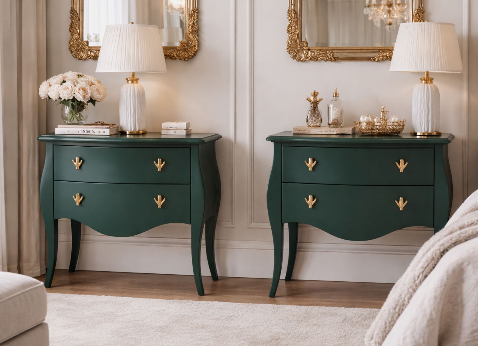 Dark Green French Commodes Pair Cactus Knob Vintage Style Wooden Chest Of Drawer photo furniture