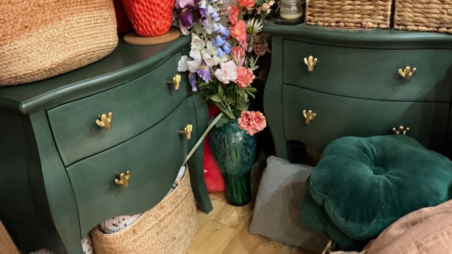 Dark Green French Commodes Pair Cactus Knob Vintage Style Wooden Chest Of Drawer photo Furniture