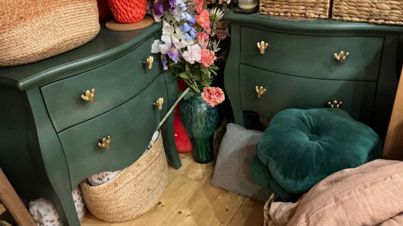 Dark Green French Commodes Pair Cactus Knob Vintage Style Wooden Chest Of Drawer photo 700.0