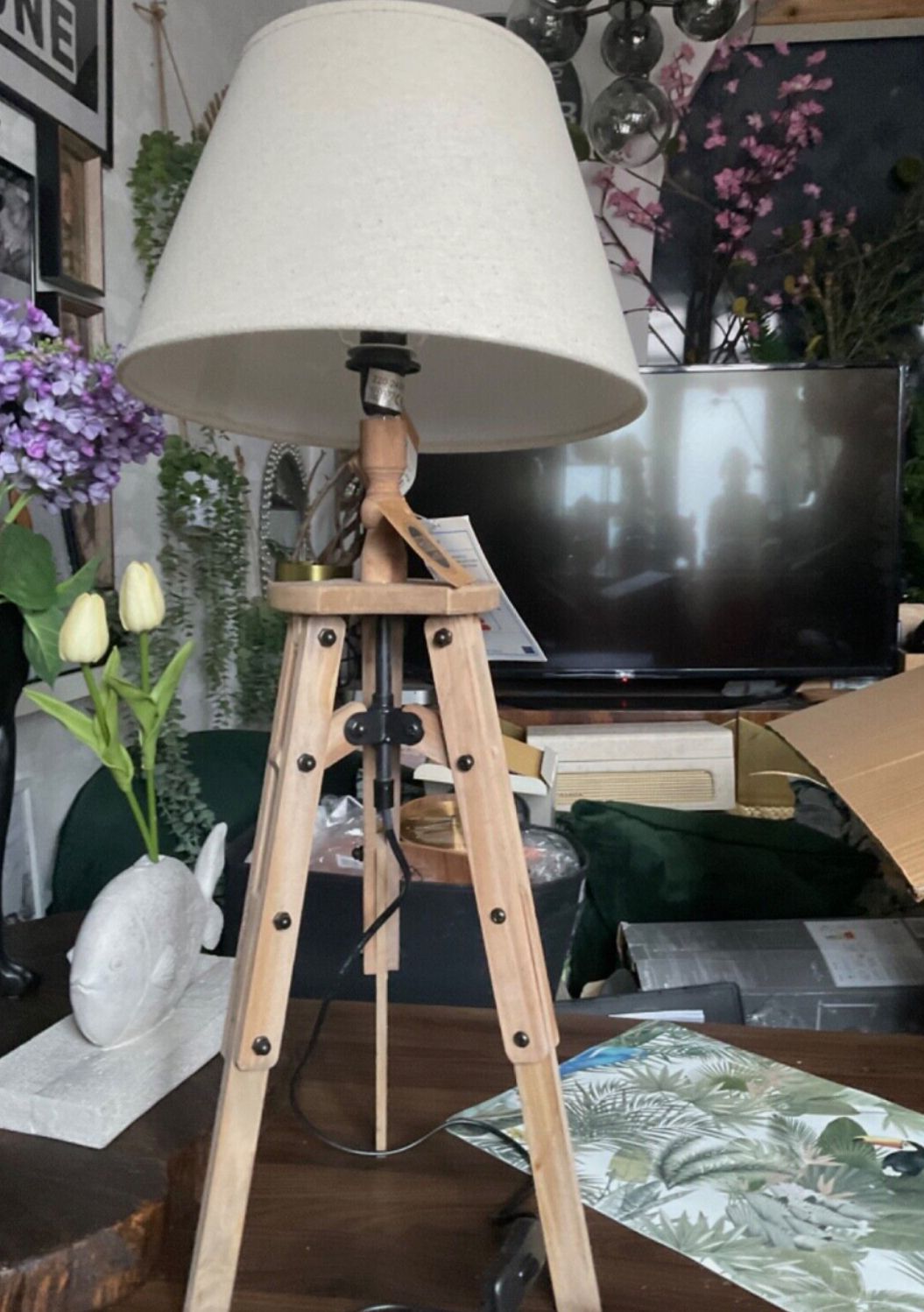 Pair 2pcs Set Wooden Tripod Table Lamp Linen Shades By Hill Interiors photo for sale