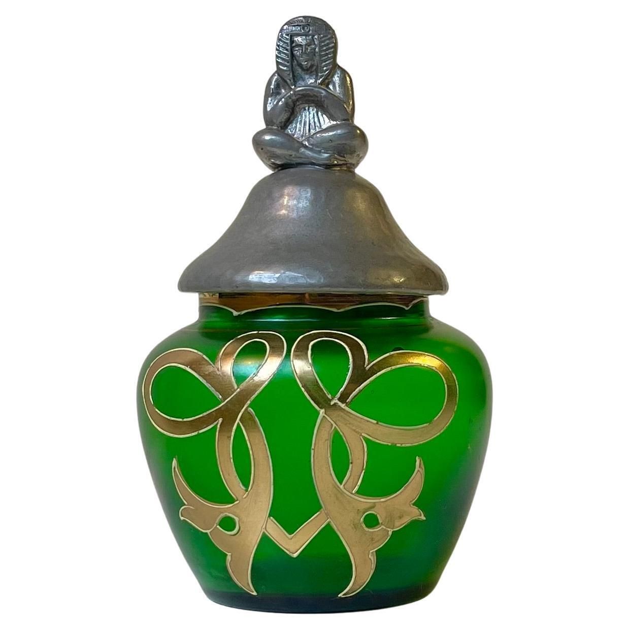 Eclectic French Jugend Vanity Trinket Jar In Green Glass & Pewter Pharaoh Lid