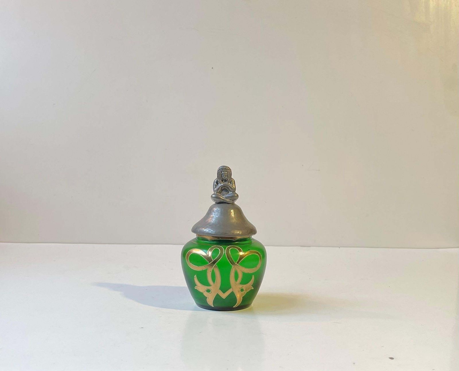 Eclectic French Jugend Vanity Trinket Jar In Green Glass & Pewter Pharaoh Lid photo for sale