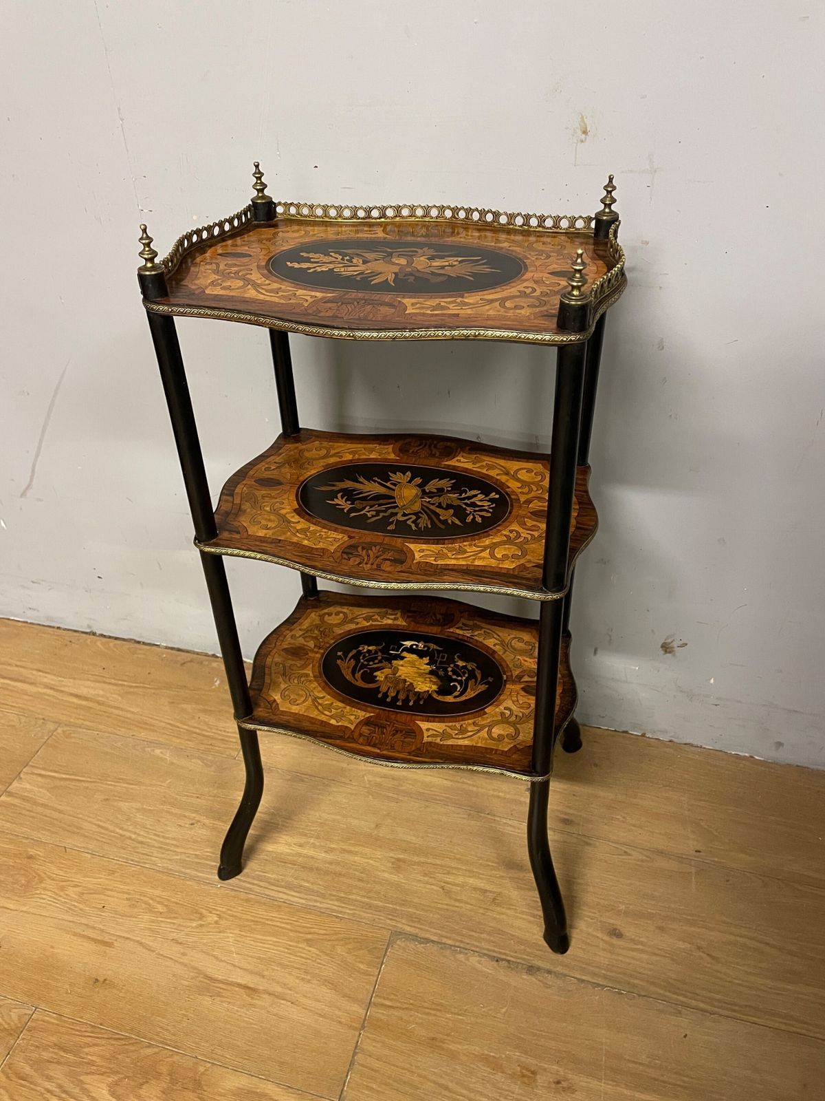 French Inlaid Marquetry Ormolu Mounted Three Height Etagere Circa 1910