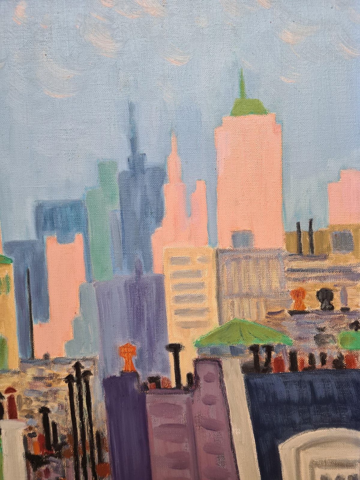 New York City Skyline, Mid Century Oil On Canvas By Nobel Laureate André Michael Lwoff, 1960s photo 2100.0