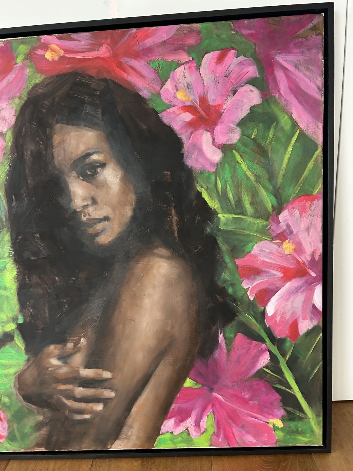 Very Large Framed Original Oil On Canvas Painting Of A Tahitian Girl By Pascale Taurua photo for sale