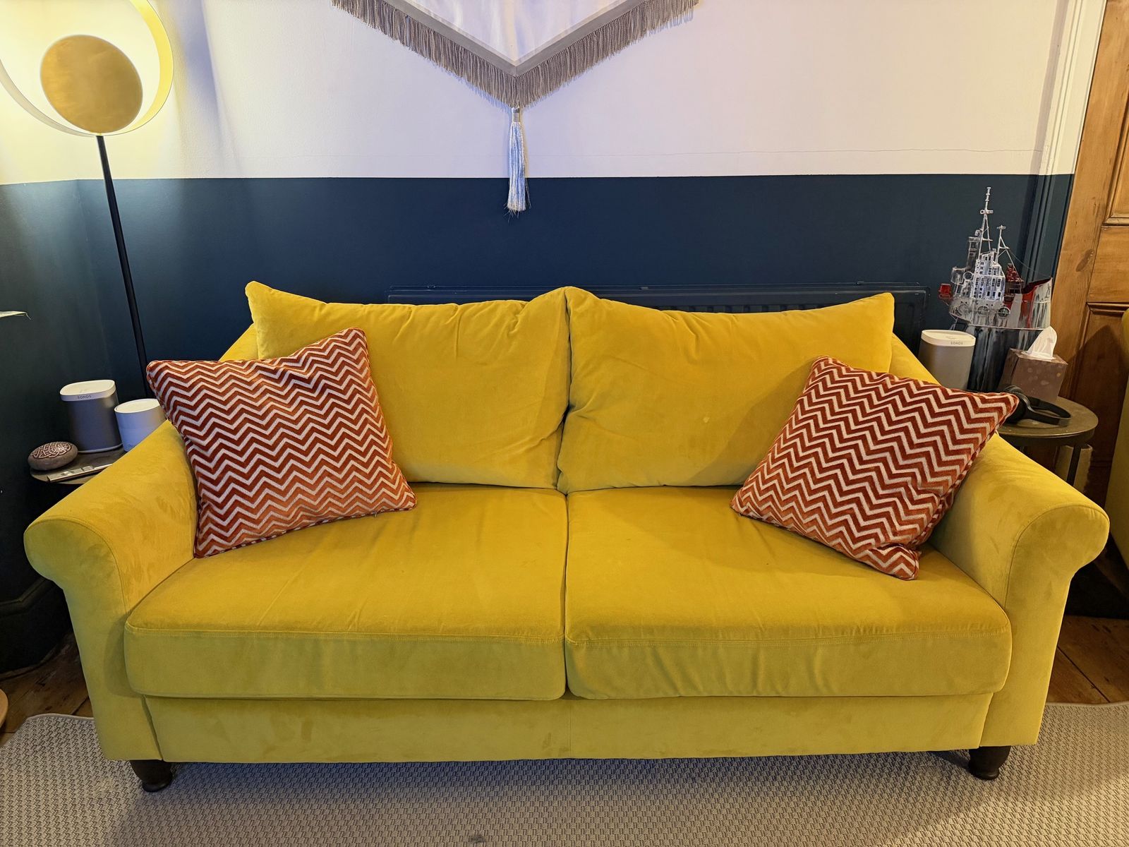 Heal's Devon 3str Sofa & Arm Chair   Smart Velvet Luxe Canary Yellow