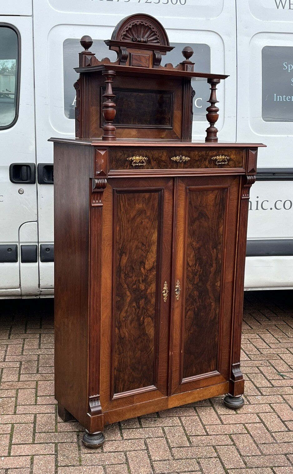Antique Walnut Bookcase / Cupboard With Fitted Shelves & Drawer photo for sale