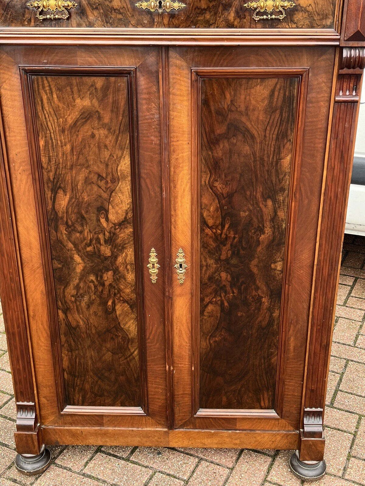 Antique Walnut Bookcase / Cupboard With Fitted Shelves & Drawer photo Furniture