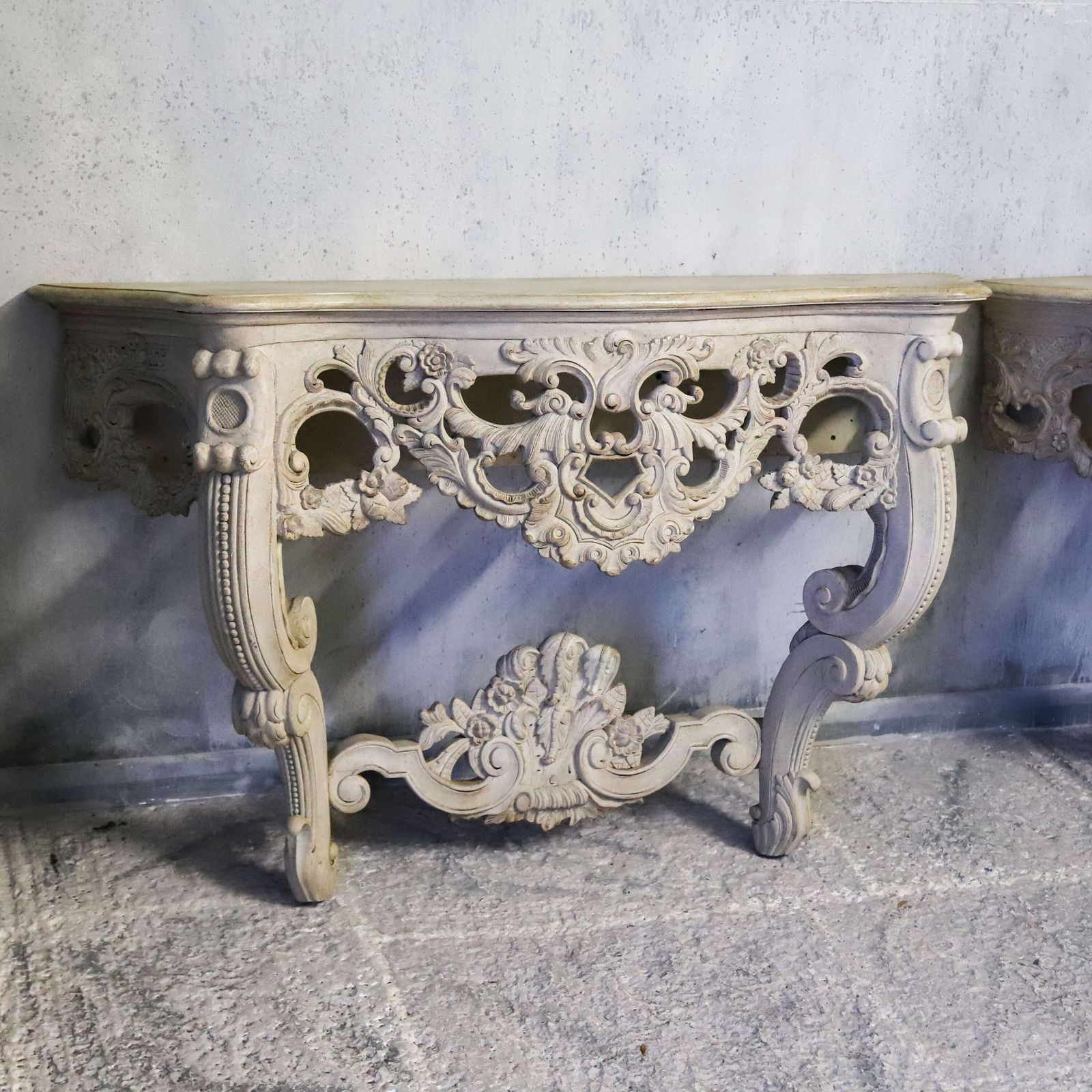 Pair Of 1930s French Hand Carved Wall Console Tables In Antique White Finish photo vinterior