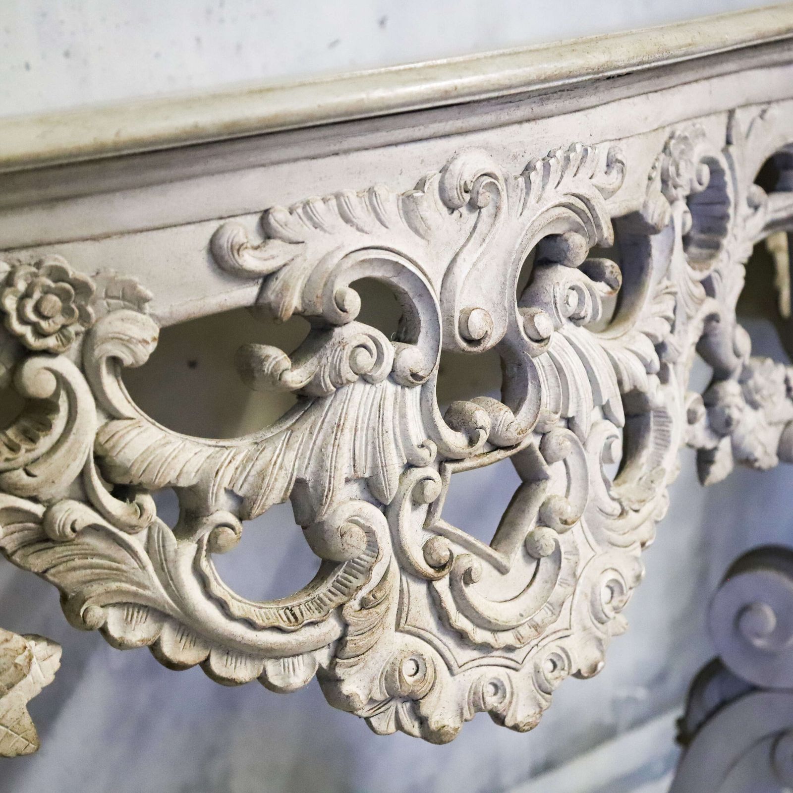 photo furniture Pair Of 1930s French Hand Carved Wall Console Tables In Antique White Finish
