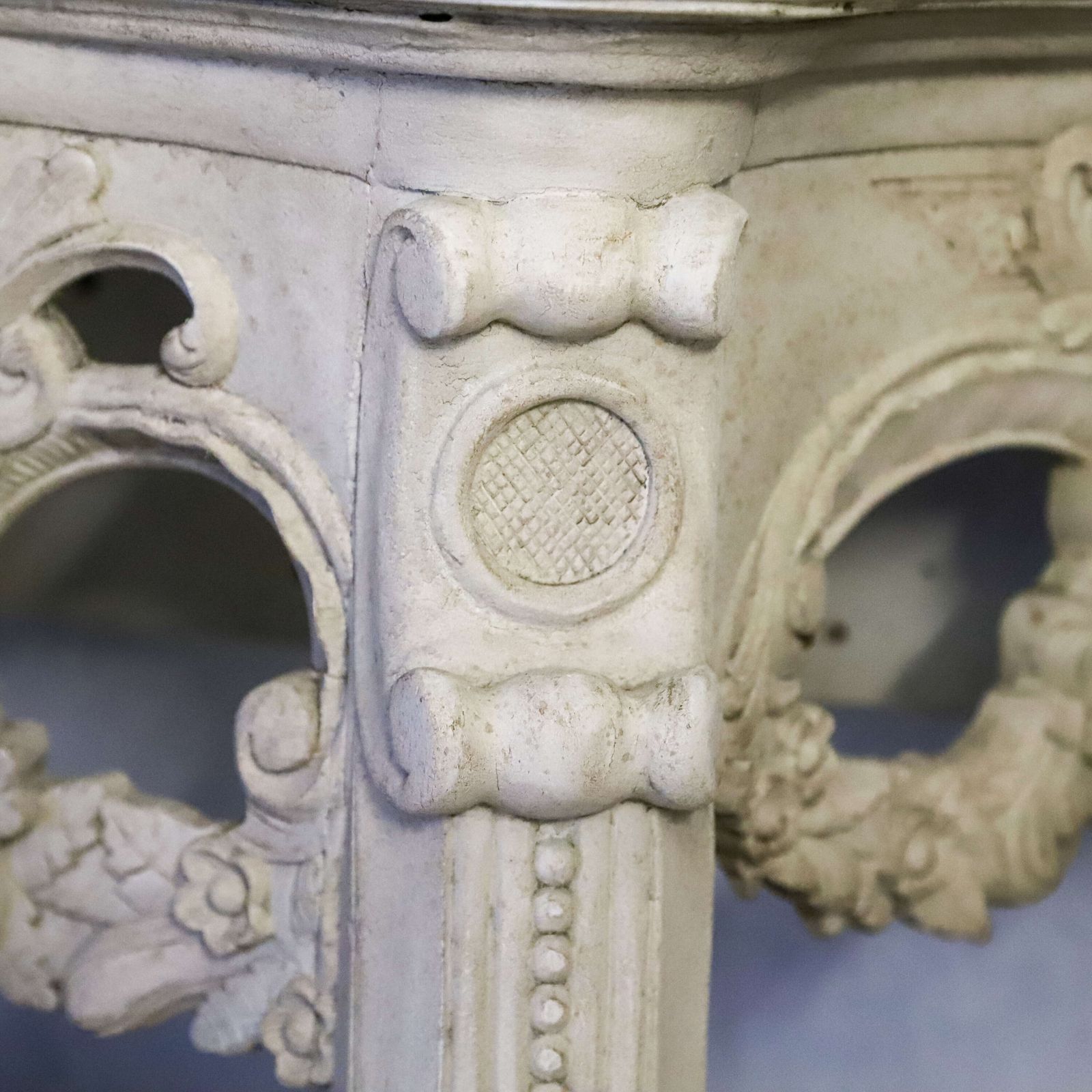 Furniture Pair Of 1930s French Hand Carved Wall Console Tables In Antique White Finish photo