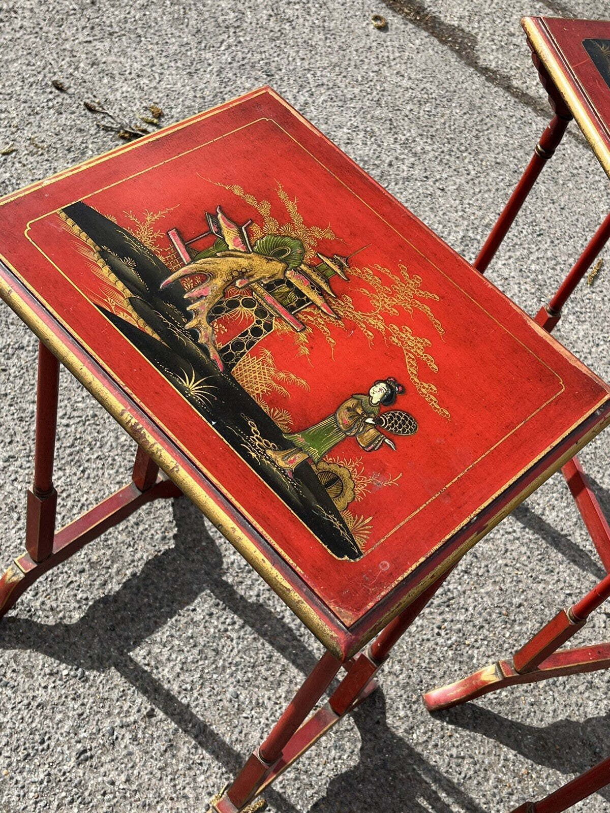 Furniture Edwardian Red Japanned Nest Of Tables photo