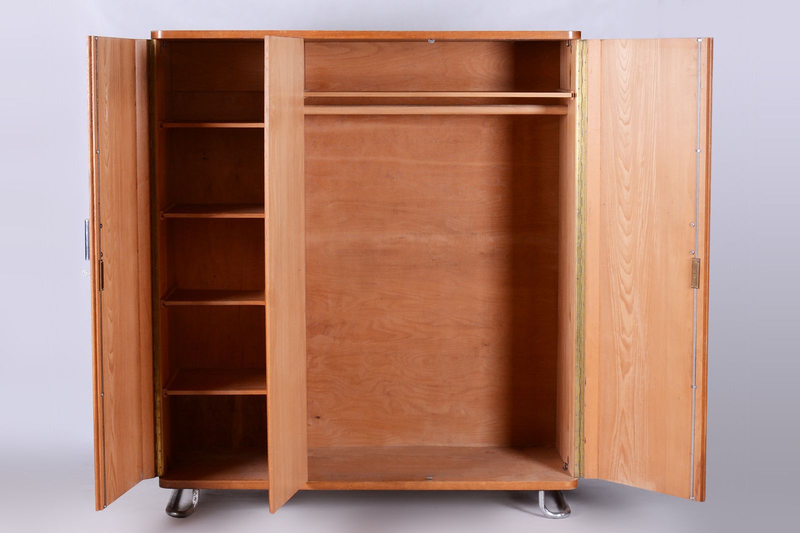 photo furniture Restored Oak Bauhaus Wardrobe, Chrome Plated Steel, Czechia, 1930s
