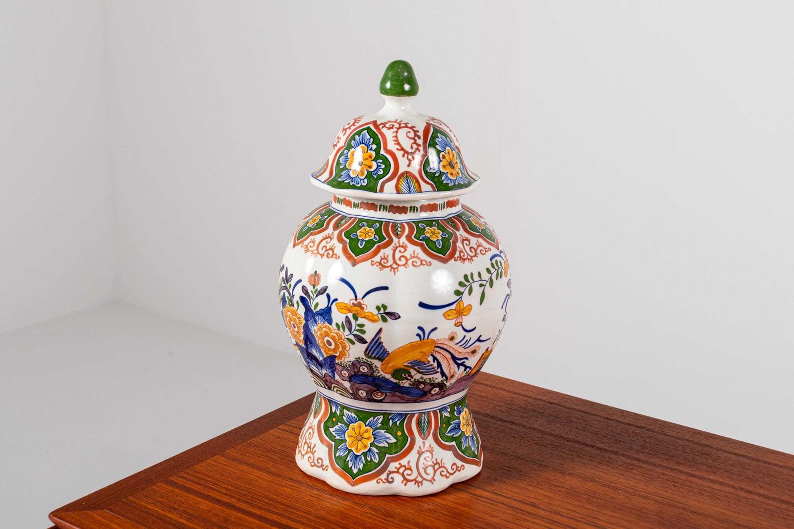 photo furniture Antique Boch Frères Delft Lidded Vase – Hand Painted Faience With Parrot & Floral Motif