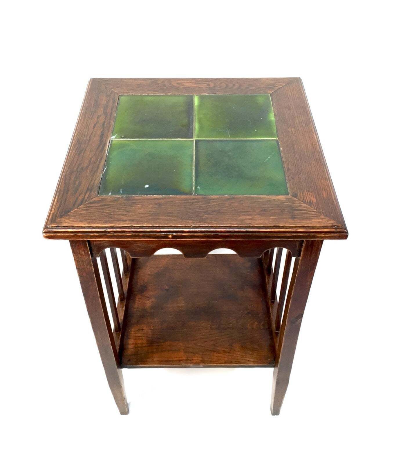 Antique Edwardian Arts And Crafts Oak Occasional / Lamp Table Green Tiles C.1910 photo furniture