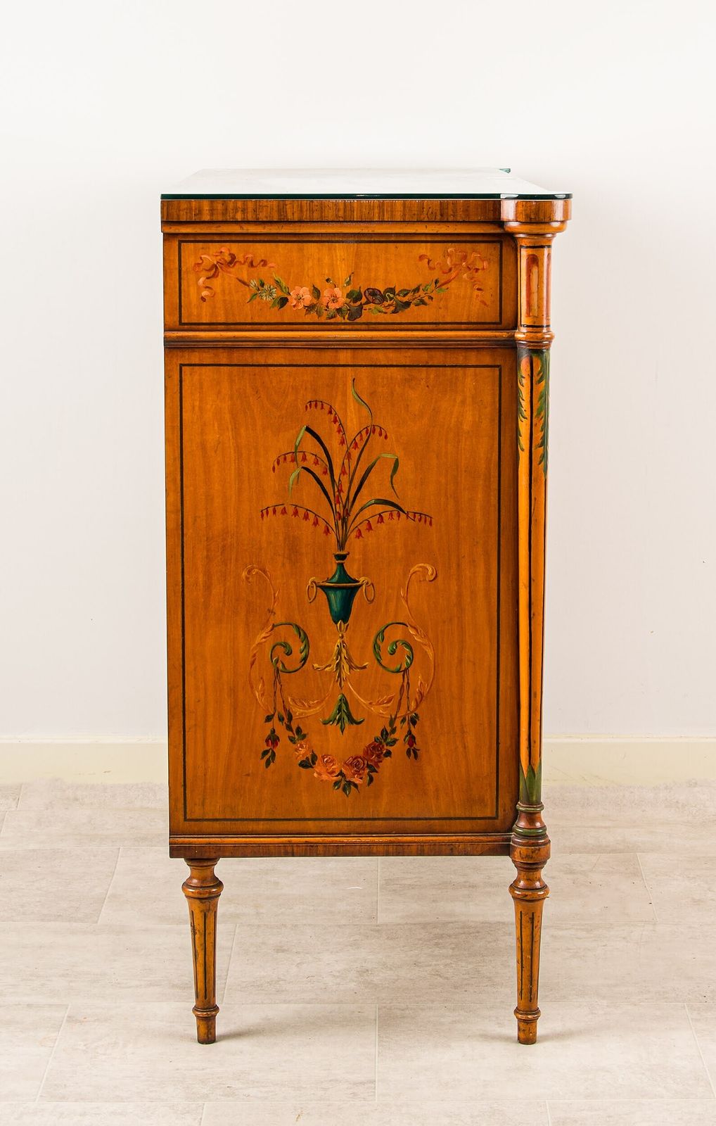 Antique Satinwood Painted Side Cabinet With Figural Panels photo vinterior